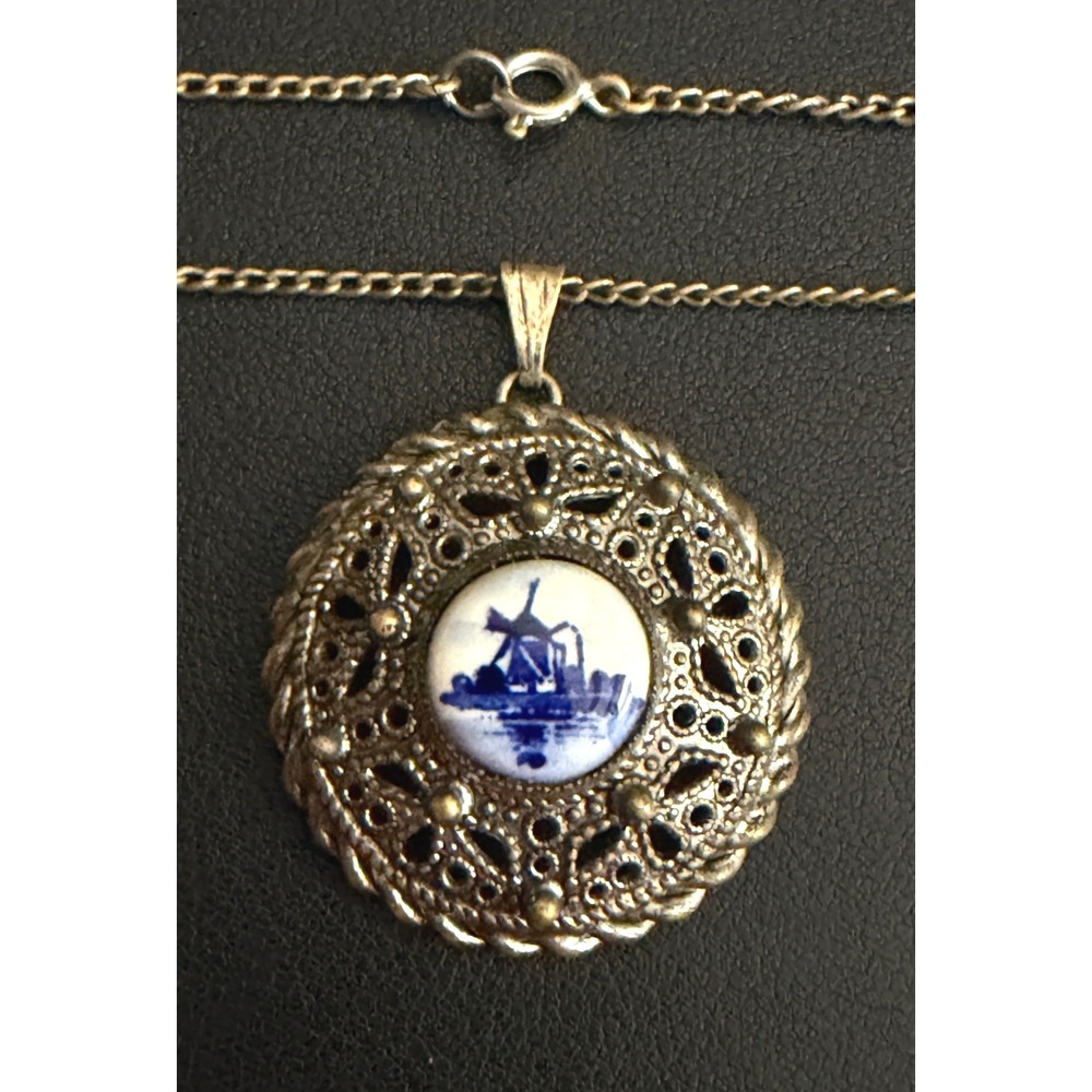 Vintage Necklace Blue White Porcelain Windmill Filigree